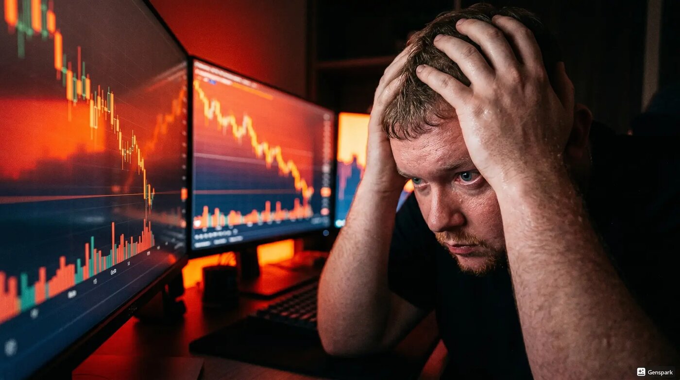 Trader stressed in front of red charts